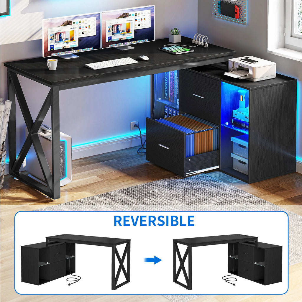 L Shaped Desk with LED Light & Power Outlets, 55 Inch Reversible Corner Desk with File Cabinet & Storage Shelves, Computer Desk Office Desk Writing Desk for Home Office, Black