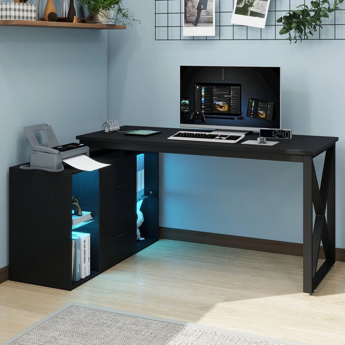 L Shaped Desk with LED Light & Power Outlets, 55 Inch Reversible Corner Desk with File Cabinet & Storage Shelves, Computer Desk Office Desk Writing Desk for Home Office, Black