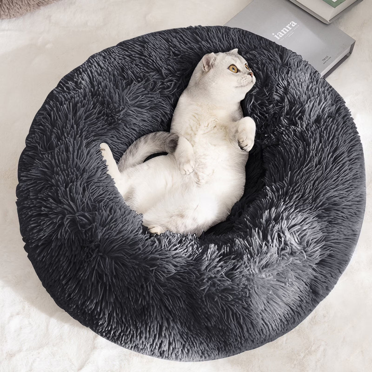 Calming Donut Dog Bed Anti-Anxiety, Self Warming, Cozy Soft Plush round Pet Bed, Ideal for Both Home & Travel, 20"L X 20"W X 8"H