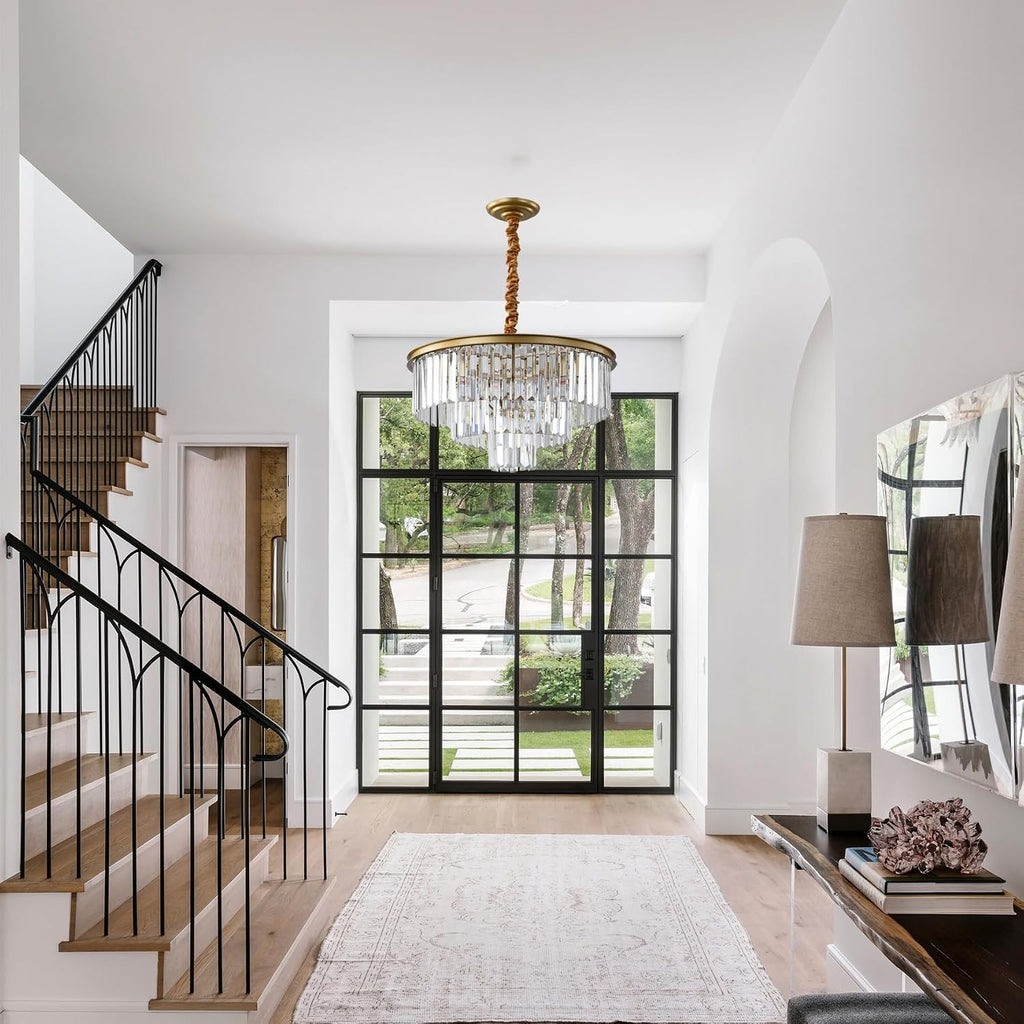 Golden Crystal Chandelier Lighting K9 Crystal round Chandelier Suspended Ceiling Light Fixture 3 Tier Suitable for Modern Dining Room Living Room Bedroom Stairs