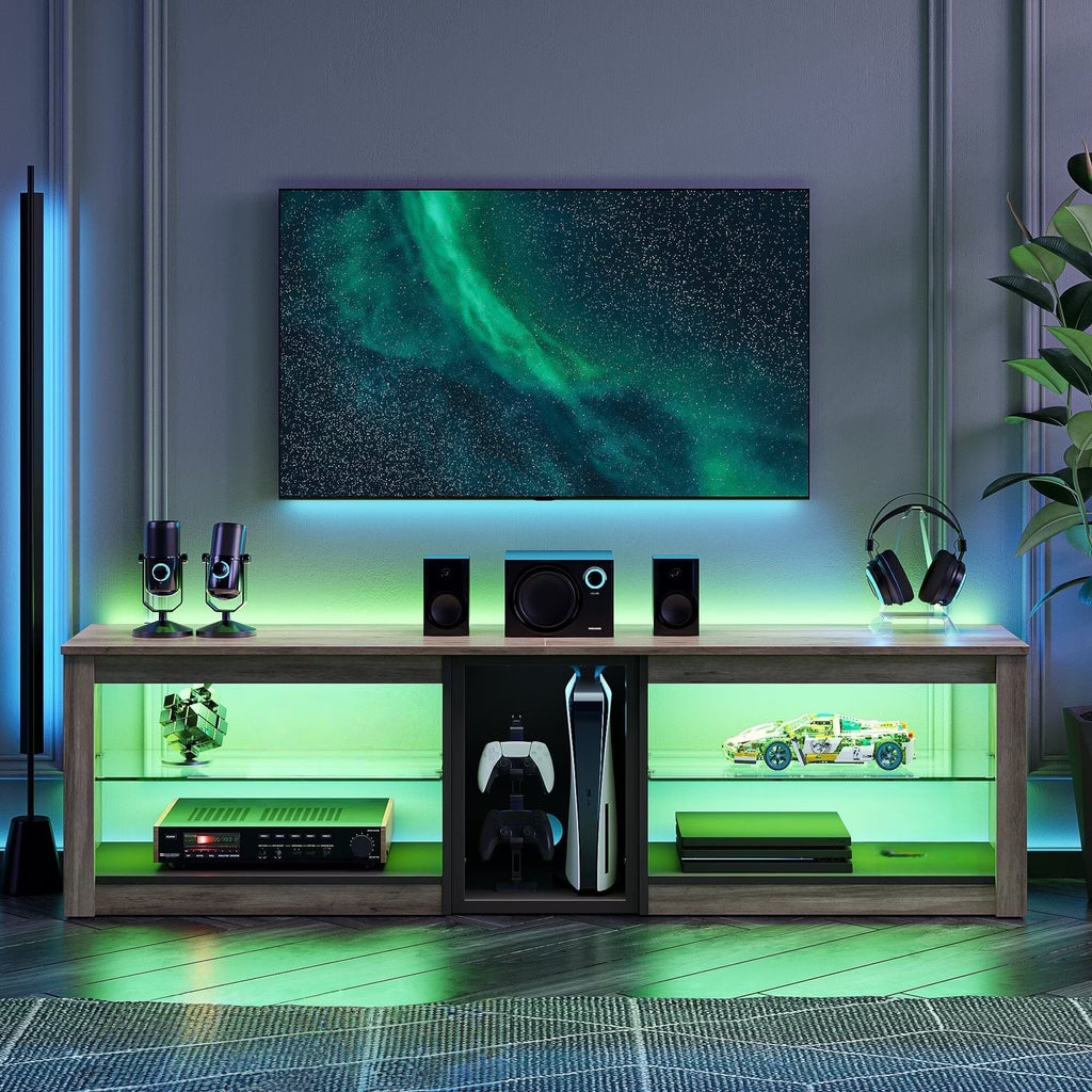 TV Stand for Tvs up to 70" with LED Light, Entertainment Center for PS5 with Shelves, Wash Grey