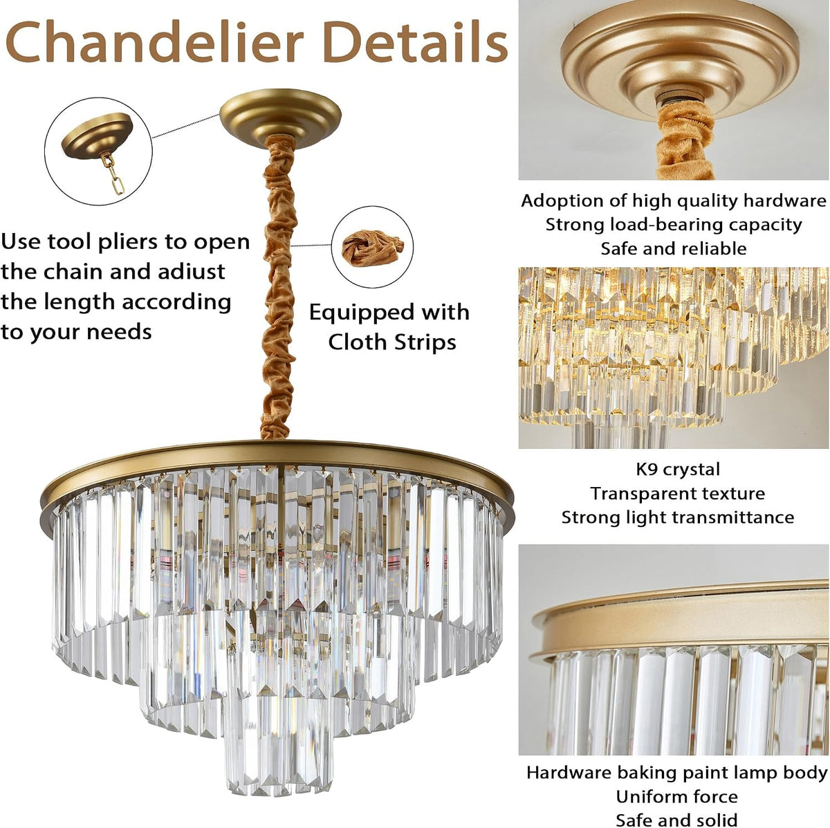 Golden Crystal Chandelier Lighting K9 Crystal round Chandelier Suspended Ceiling Light Fixture 3 Tier Suitable for Modern Dining Room Living Room Bedroom Stairs
