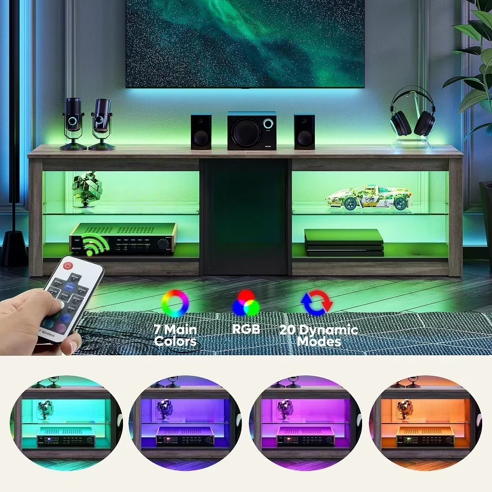 TV Stand for Tvs up to 70" with LED Light, Entertainment Center for PS5 with Shelves, Wash Grey