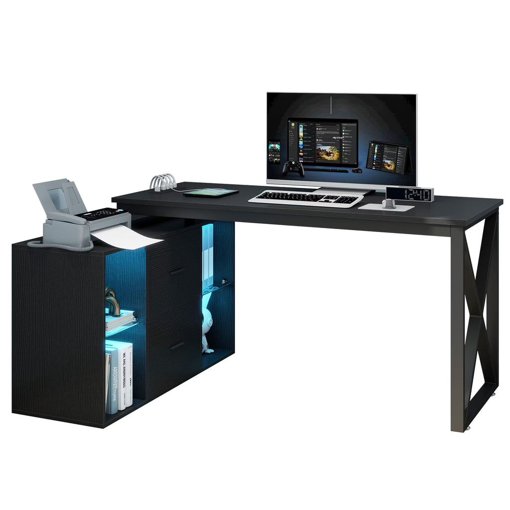 L Shaped Desk with LED Light & Power Outlets, 55 Inch Reversible Corner Desk with File Cabinet & Storage Shelves, Computer Desk Office Desk Writing Desk for Home Office, Black