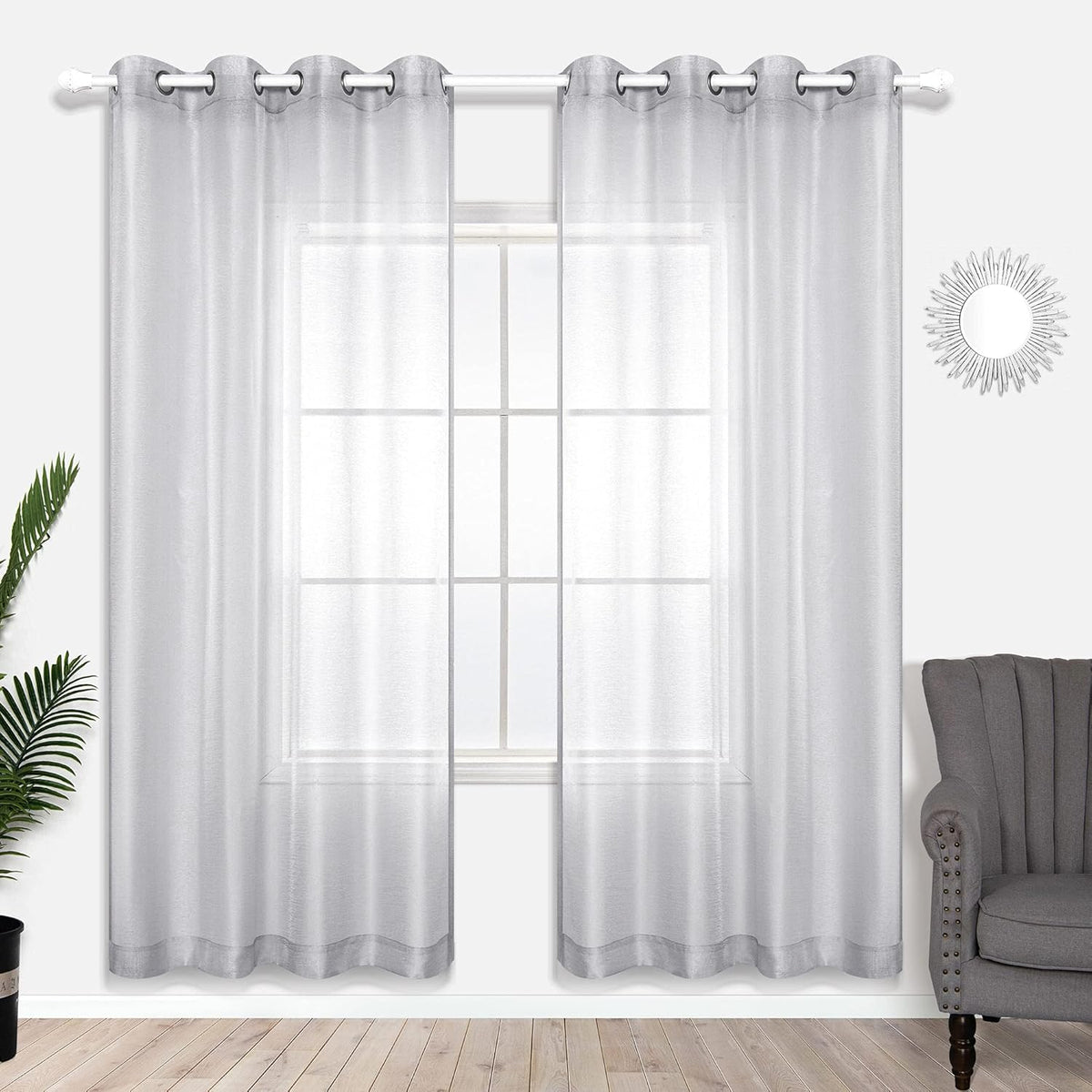 Silver Sheer Curtains, Luxury Curtain for Living Room Bedroom, Light Grey Grommet Backdrop Curtains for Party, 52 X 84 Inch Length, 2 Panels Set, Gray
