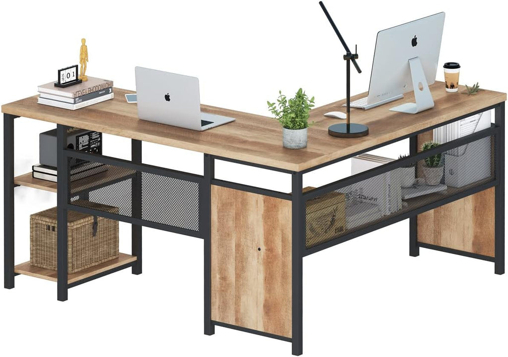 L Shaped Computer Desk with Wood Shelves, Industrial Rustic Home Office Corner Desk with Metal Legs (Rustic Oak, 59 Inch)
