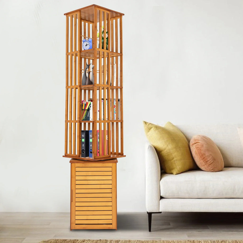 6-Tier Corner Bamboo Book Shelf Waterproof 360° Rotating Storage Display Rack Floor Standing Bookcase Shutter Door Design for Living Room Study Room Office,37*37*172Cm