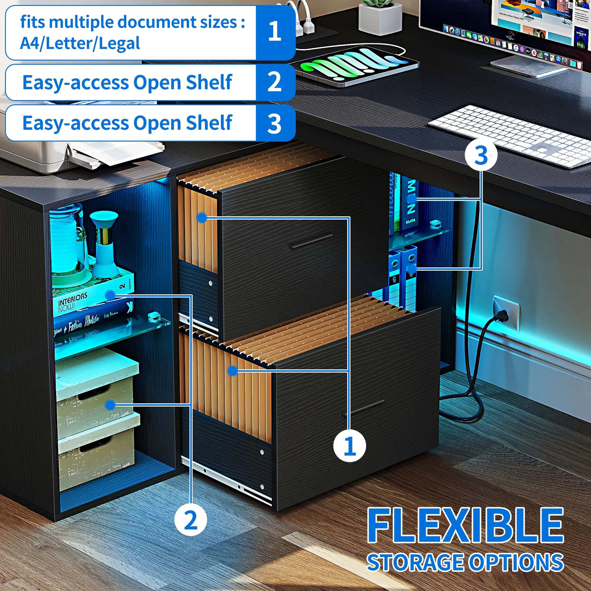 L Shaped Desk with LED Light & Power Outlets, 55 Inch Reversible Corner Desk with File Cabinet & Storage Shelves, Computer Desk Office Desk Writing Desk for Home Office, Black