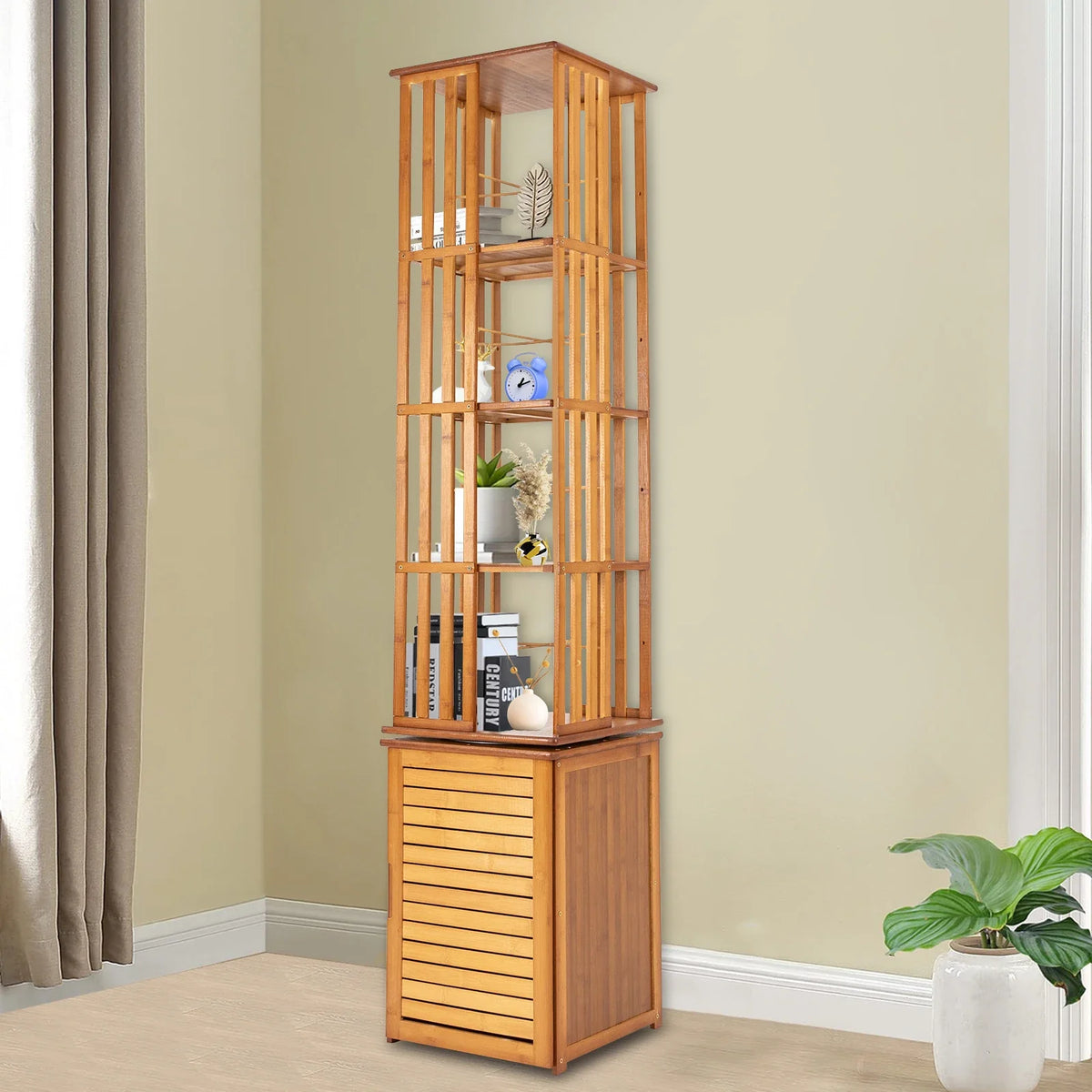 6-Tier Corner Bamboo Book Shelf Waterproof 360° Rotating Storage Display Rack Floor Standing Bookcase Shutter Door Design for Living Room Study Room Office,37*37*172Cm