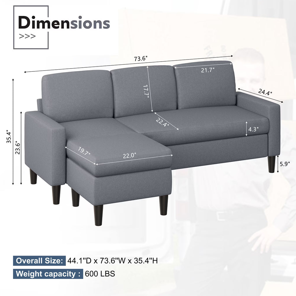 73.6" Convertible Sectional Sofa Couch, L-Shaped 3-Seat Sofa Couch with Reversible Chaise for Small Space,Dark Gray