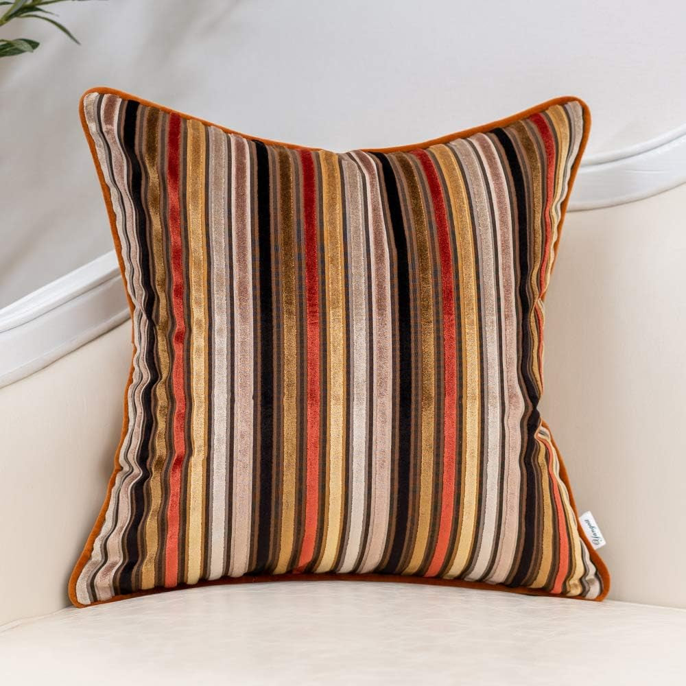 Orange Striped Throw Pillow Cover Multicolor Velvet Cushion Cover Modern Bohemian Pillowcase for Sofa Couch Bedroom Living Room Home Christmas Decoration,20X20 Inch