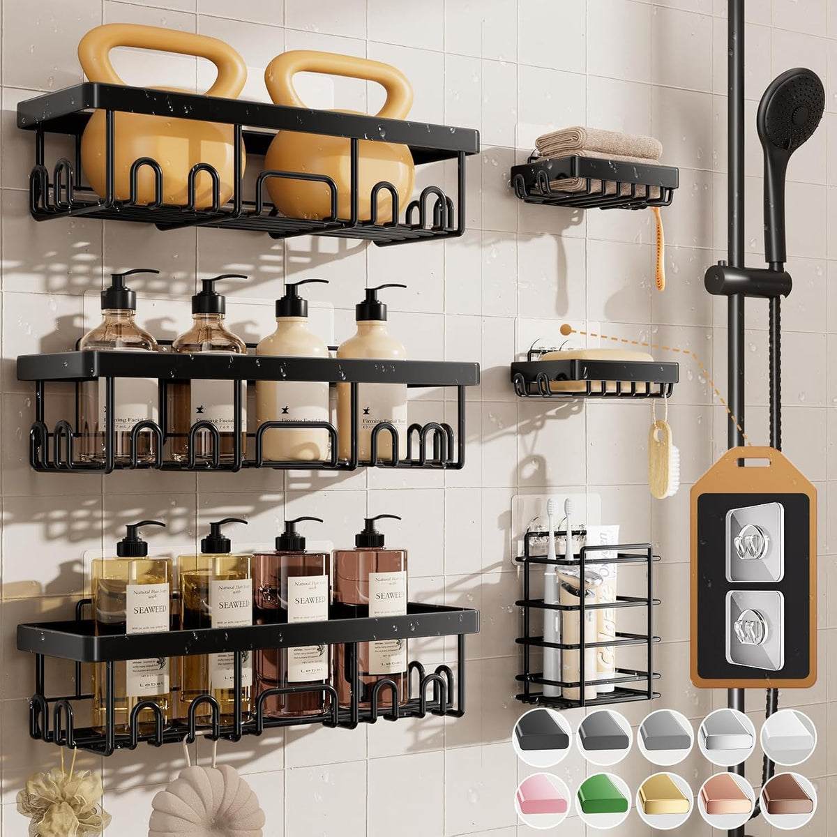 Shower Caddy 6-Pack, Bathroom Organizers and Storage Shelves, Black