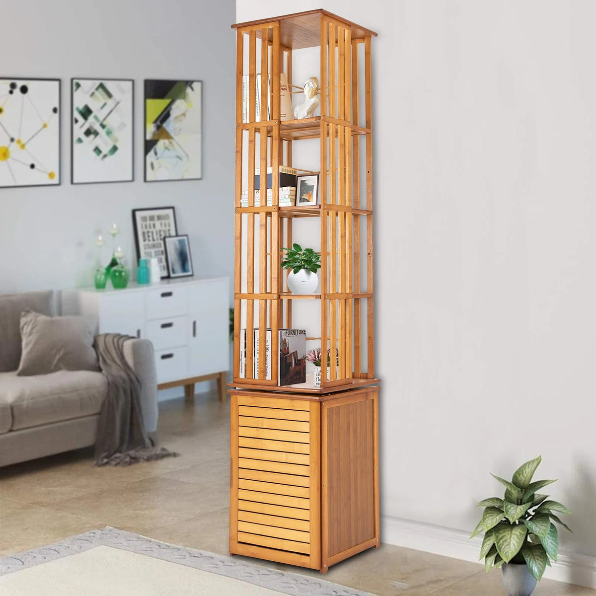 6-Tier Corner Bamboo Book Shelf Waterproof 360° Rotating Storage Display Rack Floor Standing Bookcase Shutter Door Design for Living Room Study Room Office,37*37*172Cm