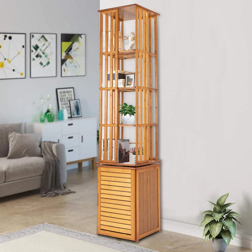 6-Tier Corner Bamboo Book Shelf Waterproof 360° Rotating Storage Display Rack Floor Standing Bookcase Shutter Door Design for Living Room Study Room Office,37*37*172Cm