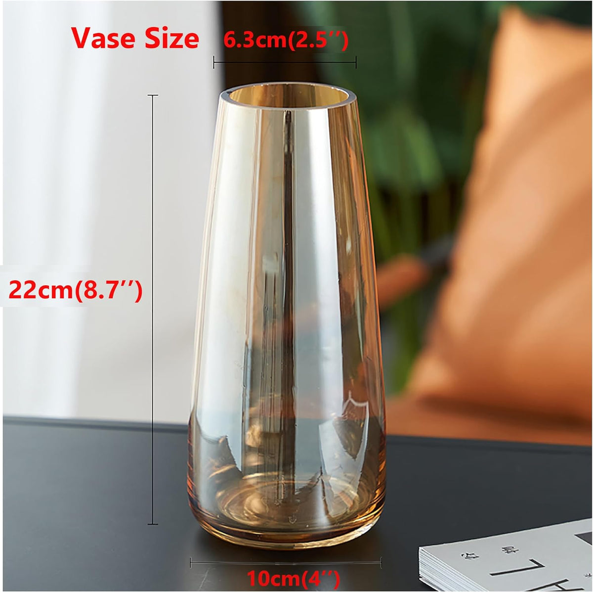 Modern Glass Vase, 8.7''H Decor Flower Vases, Crystal Amber