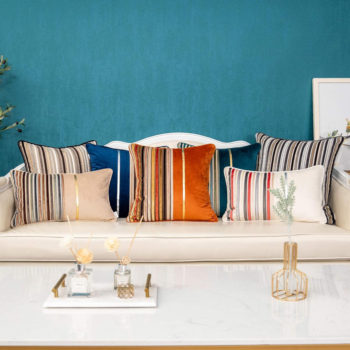 Orange Striped Throw Pillow Cover Multicolor Velvet Cushion Cover Modern Bohemian Pillowcase for Sofa Couch Bedroom Living Room Home Christmas Decoration,20X20 Inch