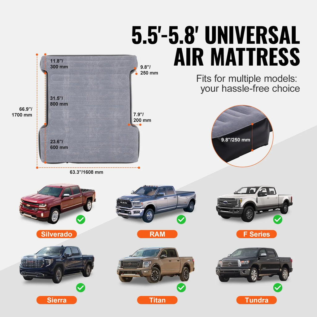 VEVOR Truck Bed Air Mattress, for 5.5-5.8 Ft Full Size Short Truck Beds, Inflatable Air Mattress Camping Bed with 12V Air Pump 2 Pillows, Carry Bag, for Silverado, RAM, F Series, Sierra, Titan, Tundra