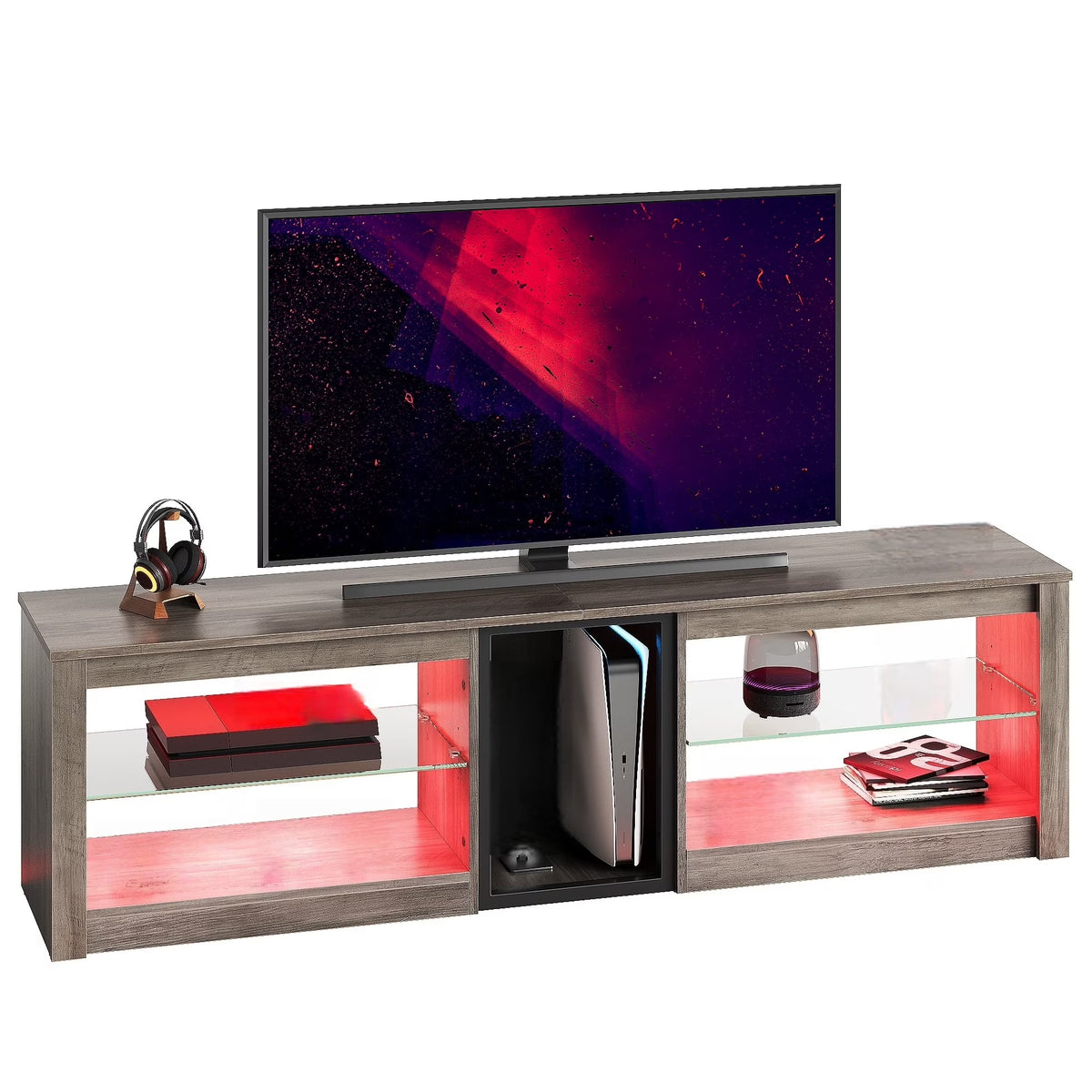 TV Stand for Tvs up to 70" with LED Light, Entertainment Center for PS5 with Shelves, Wash Grey
