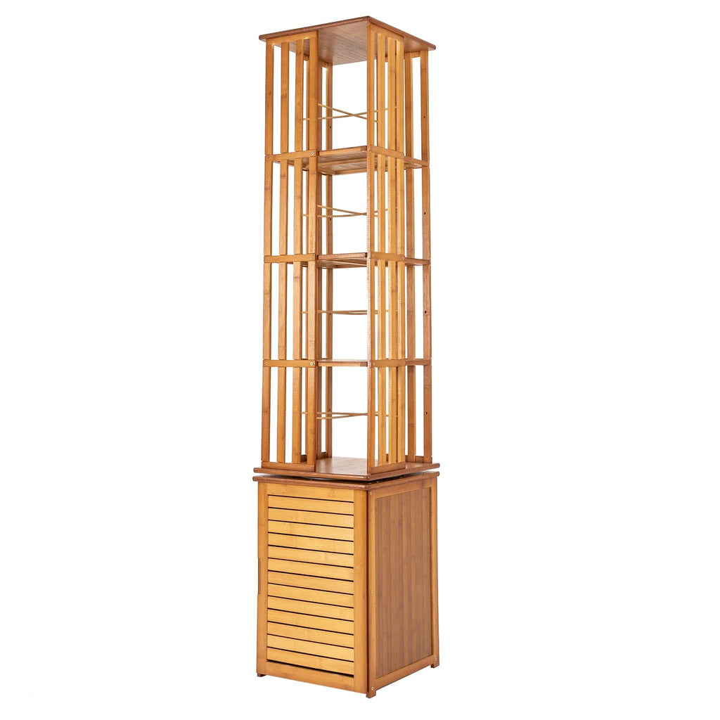 6-Tier Corner Bamboo Book Shelf Waterproof 360° Rotating Storage Display Rack Floor Standing Bookcase Shutter Door Design for Living Room Study Room Office,37*37*172Cm