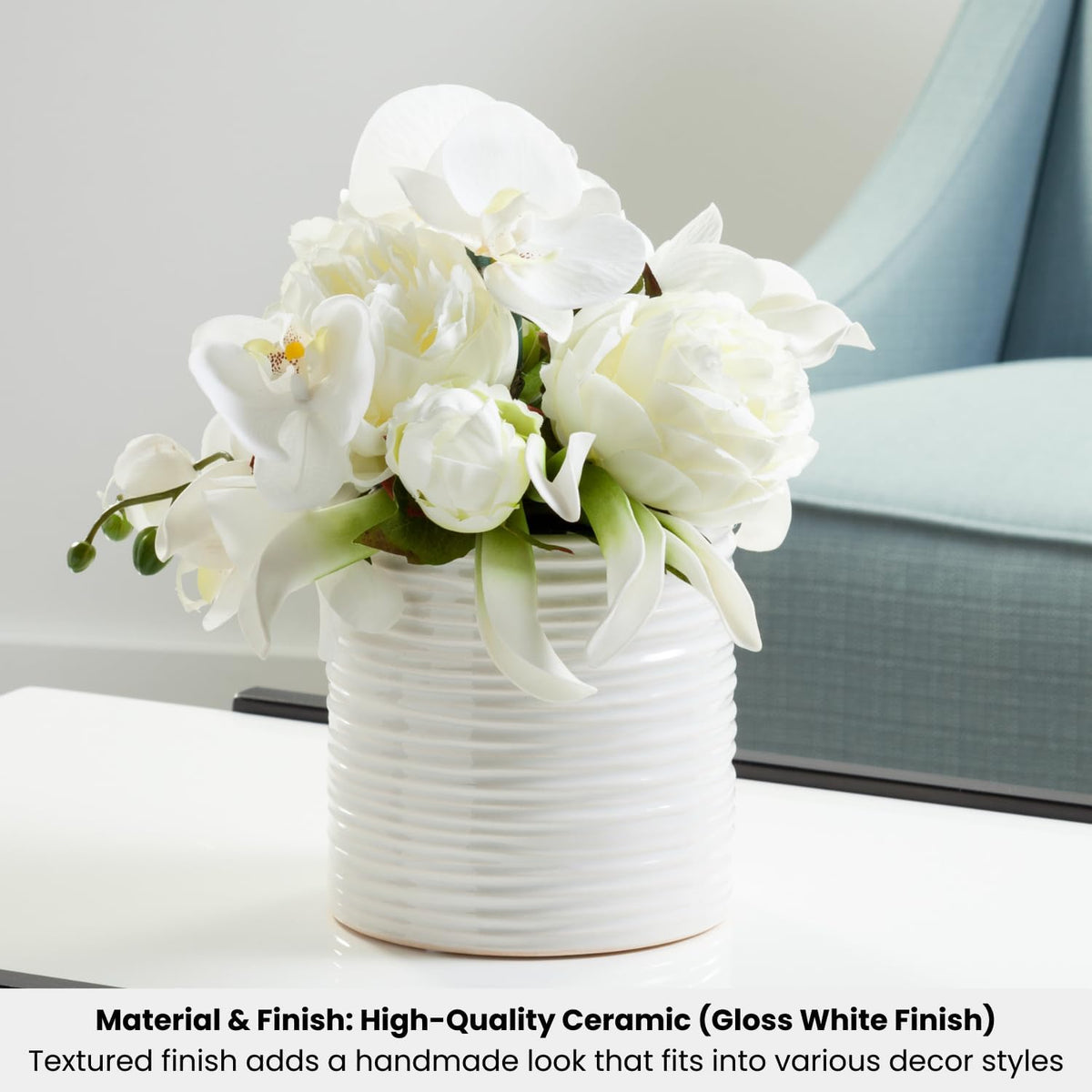 Ripple 6" Plant Pot for Houseplants & Ceramic Planter for 5 Inch Nursery Pots - Handmade round Vase & White Vase for Flowers, White Ceramic Vases for Home Decor Decorative Pot for Plants