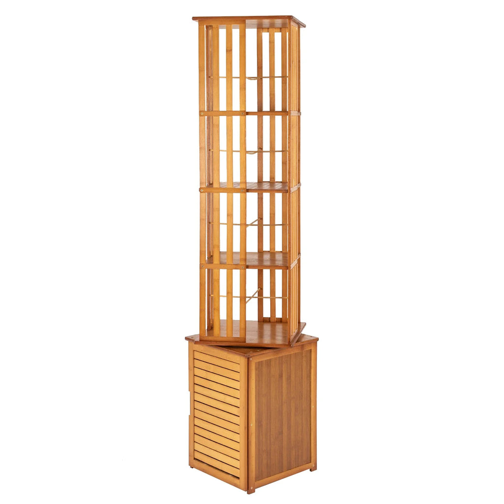 6-Tier Corner Bamboo Book Shelf Waterproof 360° Rotating Storage Display Rack Floor Standing Bookcase Shutter Door Design for Living Room Study Room Office,37*37*172Cm