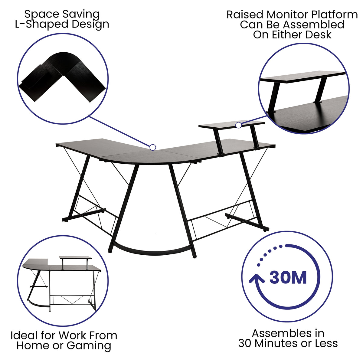 L-Shaped Desk 71.5" Computer Corner Desk, Home Office Corner Desk, Gaming Desk, Space Saving, Easy to Assemble, Black/Black
