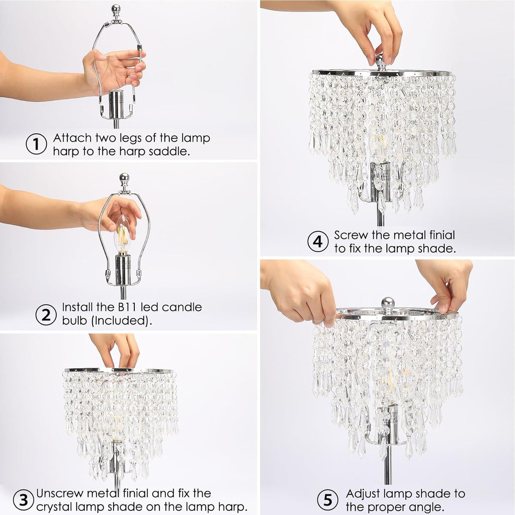 Touch Control Crystal Table Lamp with USB C+A Charging Ports, 3-Way Dimmable Bedside Touch Lamp Decorative Nightstand Lamp with Elegant Lampshade for Living Room Bedroom, B11 LED Bulb Included