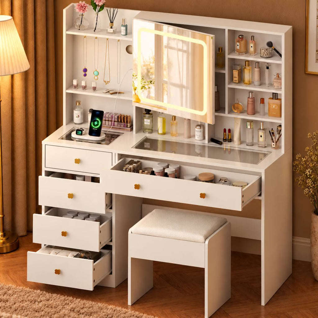 Large 47.2" Makeup Vanity with 3 Color Lights, Vanity Desk with USB Charging Station, Vanity Makeup Table with Visible Drawers, Hidden and Open Storage Shelves, White