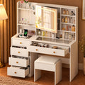 Large 47.2" Makeup Vanity with 3 Color Lights, Vanity Desk with USB Charging Station, Vanity Makeup Table with Visible Drawers, Hidden and Open Storage Shelves, White