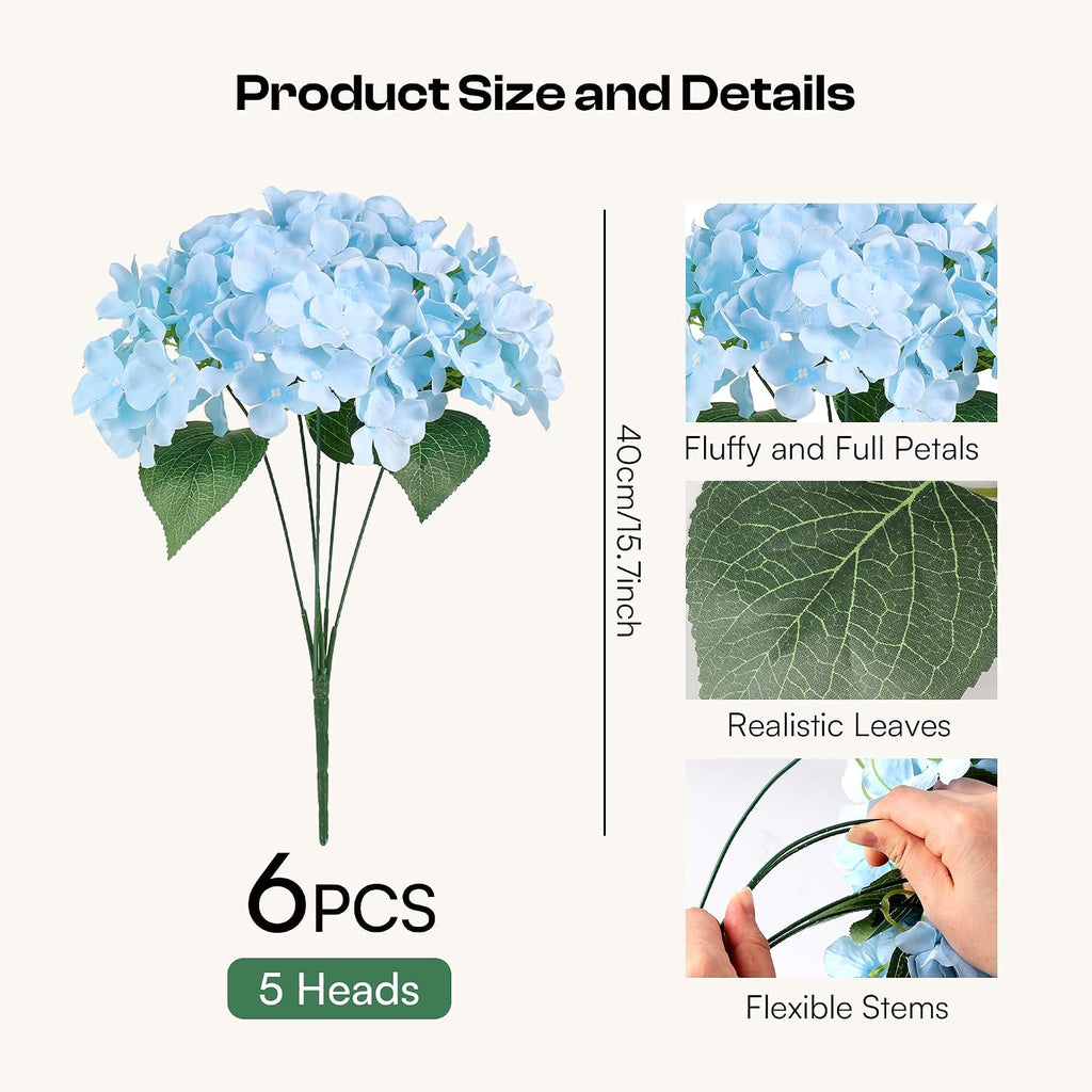 6 Bundles Blue Hydrangea Artificial Flowers for Outdoors and Indoor