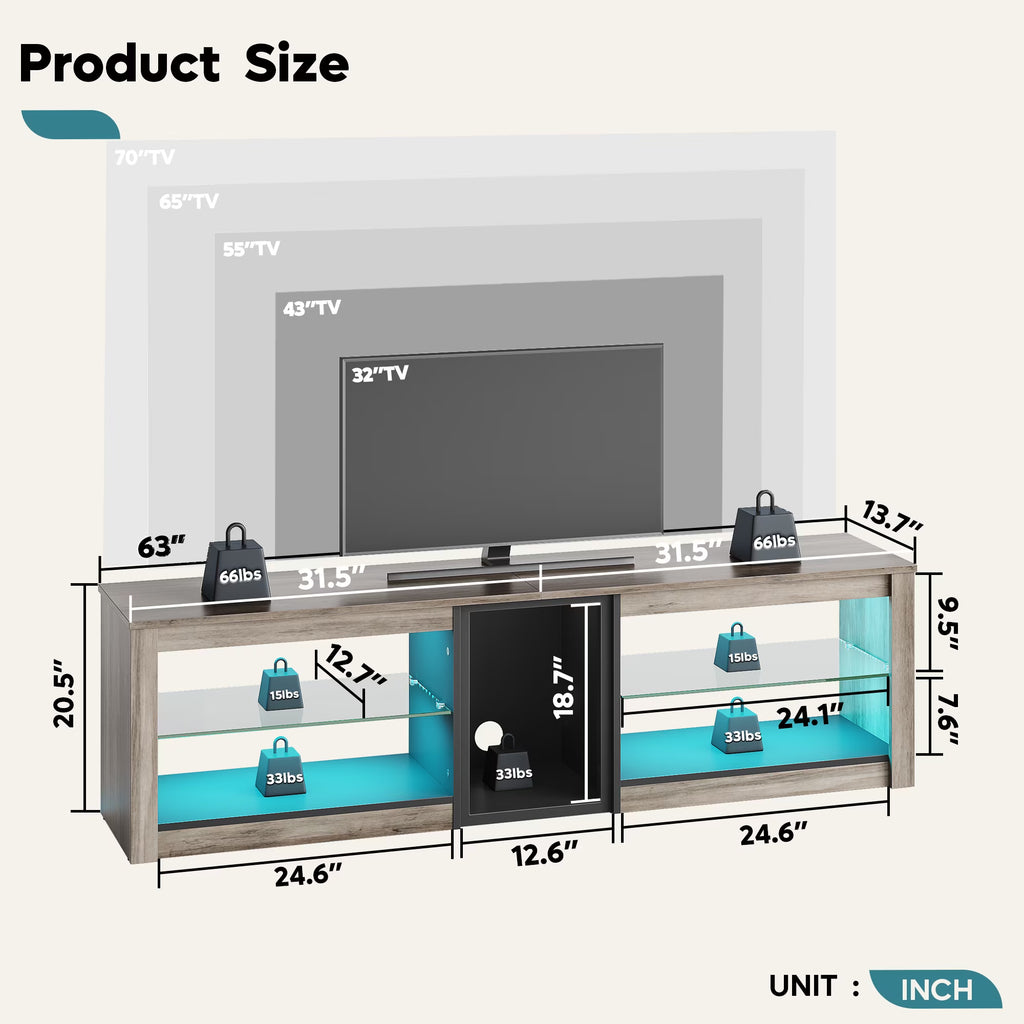 TV Stand for Tvs up to 70" with LED Light, Entertainment Center for PS5 with Shelves, Wash Grey
