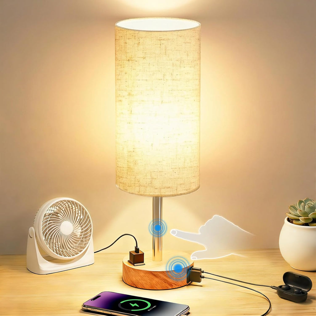 Table Lamp for Bedroom, High-Sensitivity Touch, AC Outlet, USB A+C