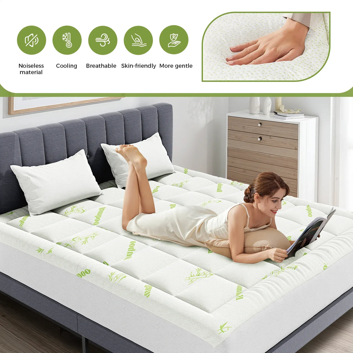 JHK Bamboo Fiber Soft Mattress Topper with Deep Pockets 400G Thick Mattress for Back Pain Relief Breathable Cooling Material