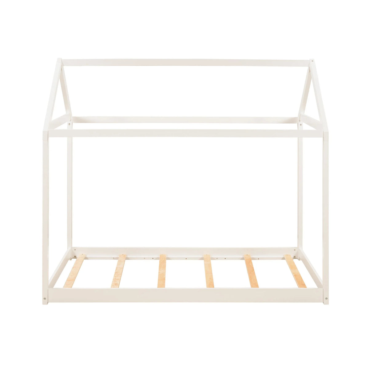 Wood Twin Size Kids House Bed Frame,Montessori Floor Bed for Toddler,White