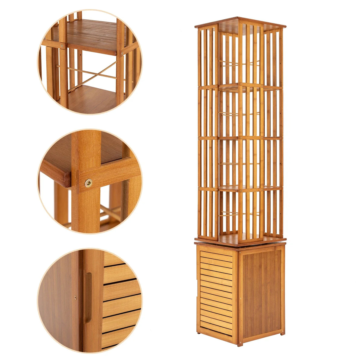 6-Tier Corner Bamboo Book Shelf Waterproof 360° Rotating Storage Display Rack Floor Standing Bookcase Shutter Door Design for Living Room Study Room Office,37*37*172Cm