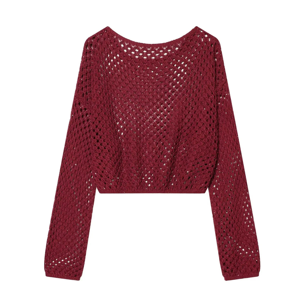 TAOP&ZA 2026 Spring/Summer Sweet, Fashionable, Simple Women's Clothing, Versatile Hollow-Out Knit Long-Sleeved Sweater 5374