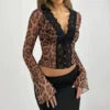 GX8179 Fashion Women Cloth Boutique See Through Mesh Tops Ladies Leopard Printed Patchwork Lace Long Sleeve V-Neck Women Blouse