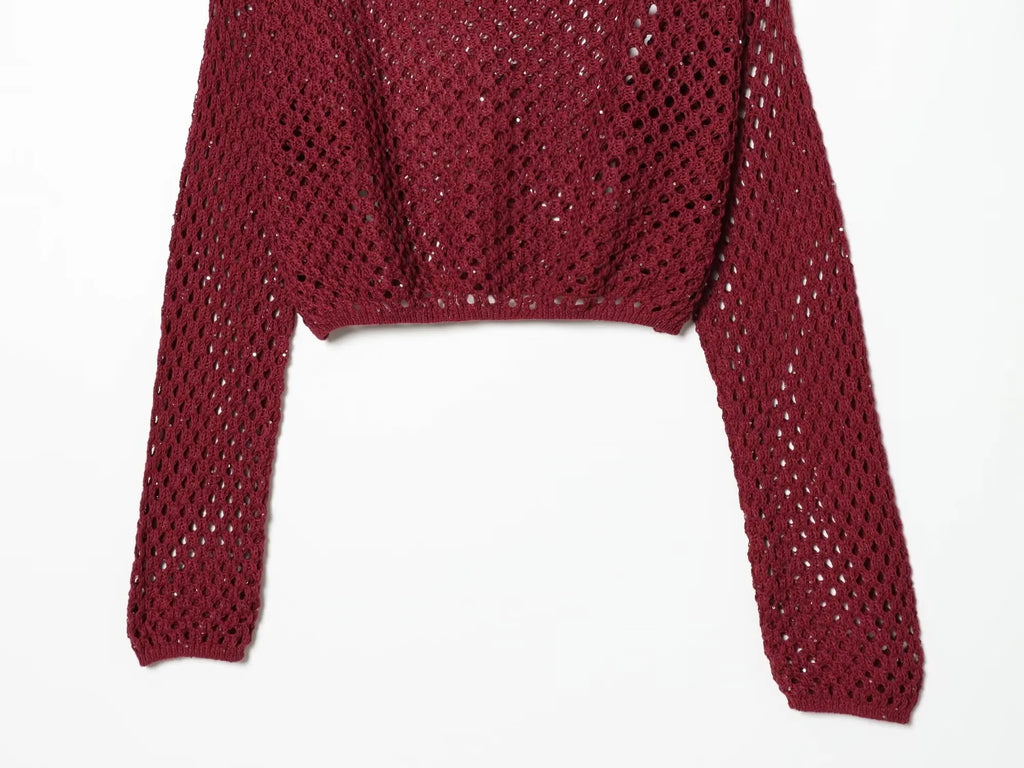 TAOP&ZA 2026 Spring/Summer Sweet, Fashionable, Simple Women's Clothing, Versatile Hollow-Out Knit Long-Sleeved Sweater 5374
