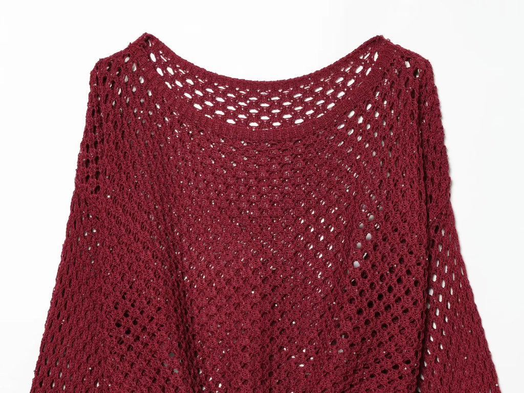 TAOP&ZA 2026 Spring/Summer Sweet, Fashionable, Simple Women's Clothing, Versatile Hollow-Out Knit Long-Sleeved Sweater 5374