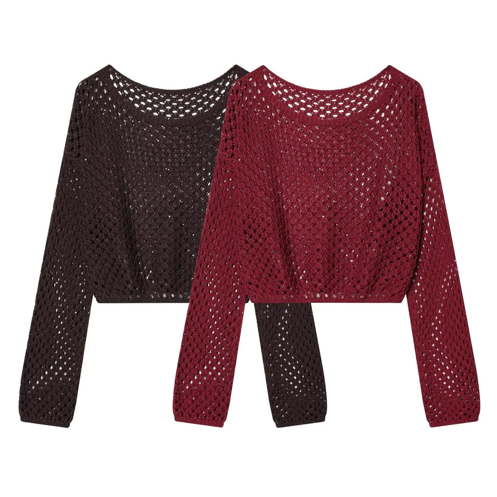TAOP&ZA 2026 Spring/Summer Sweet, Fashionable, Simple Women's Clothing, Versatile Hollow-Out Knit Long-Sleeved Sweater 5374
