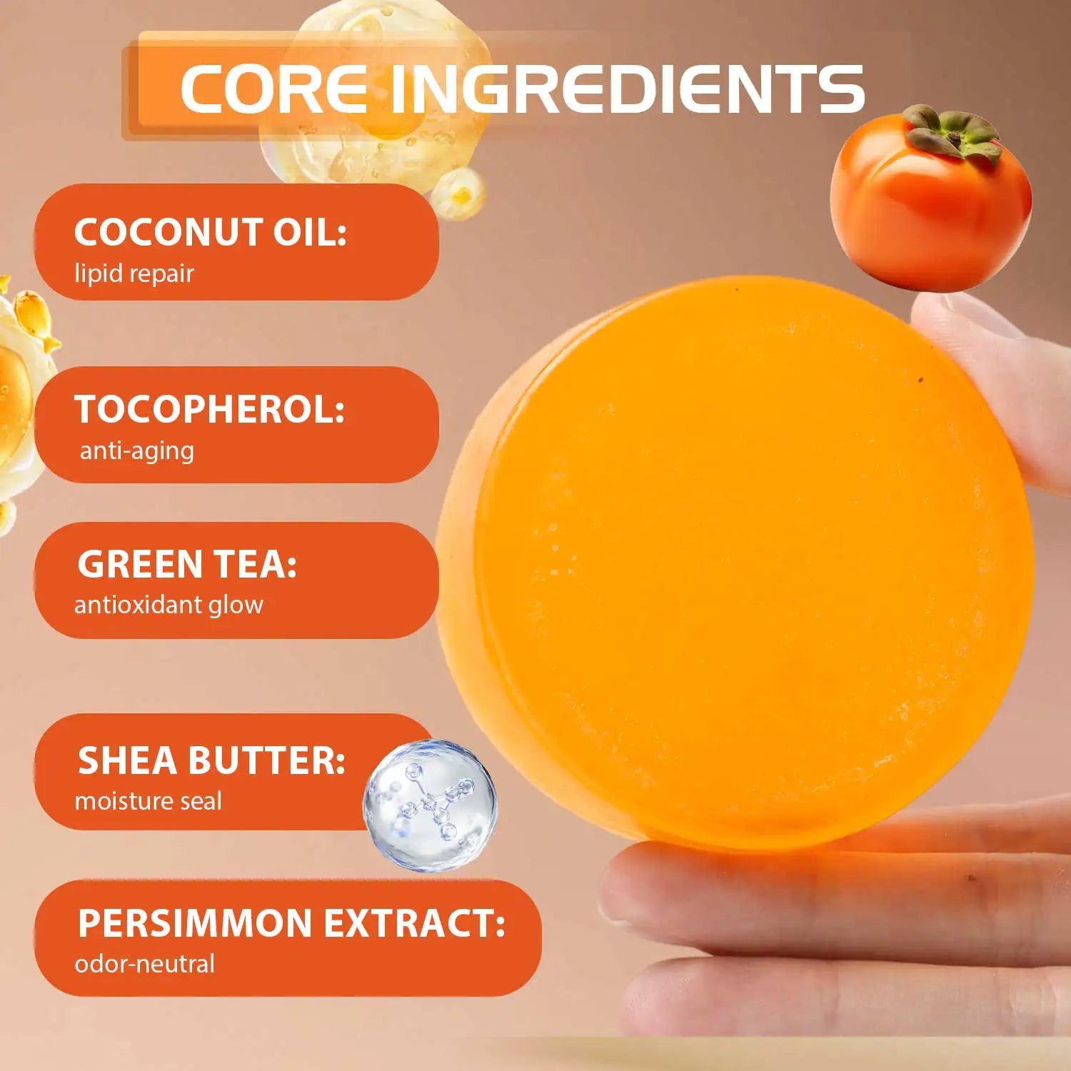 Persimmon Soap Bar for Body Odor Persimmon and Green Tea Extract For Men & Women Gentle on All Skin Types Natural Body Odor Soap