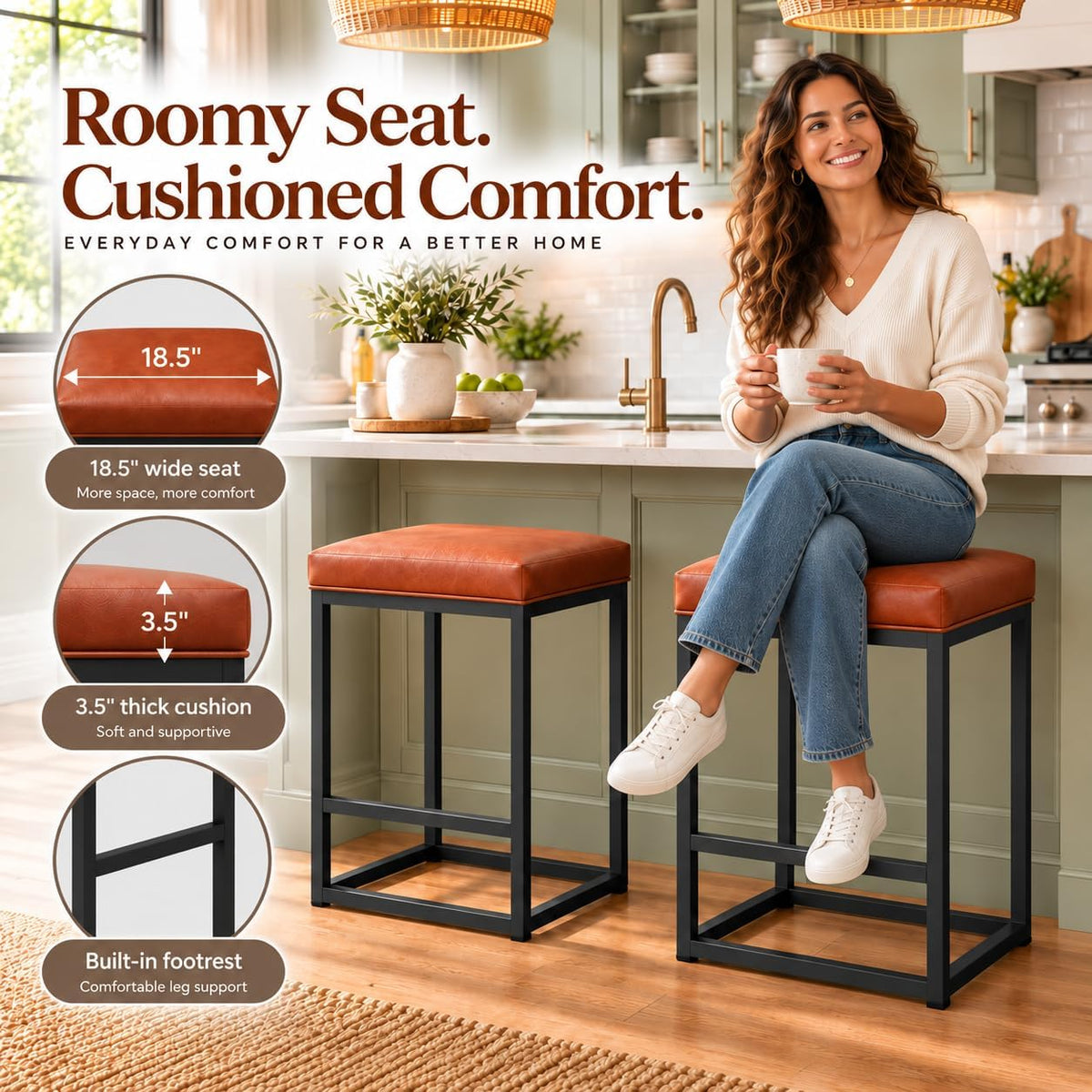 Counter Height Bar Stools Set of 2, Kitchen Backless Barstools