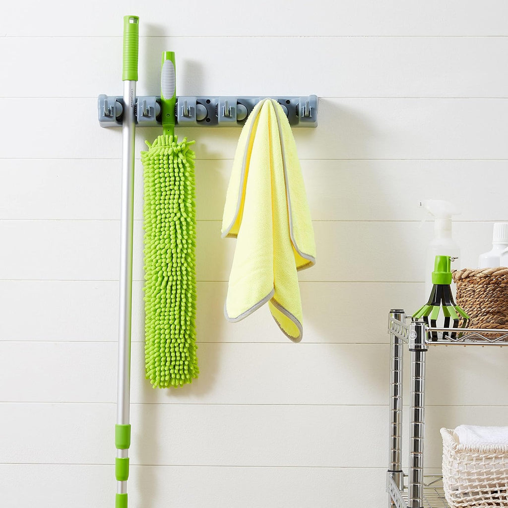 Rectangular Heavy Duty Wall Mount Broom and Mop Holder, Sturdy Tool Organizer with Hooks and Slots for Garage, Garden, Laundry, Kitchen Organization, 2.36 X 16.9 X 3.35 In, Gray