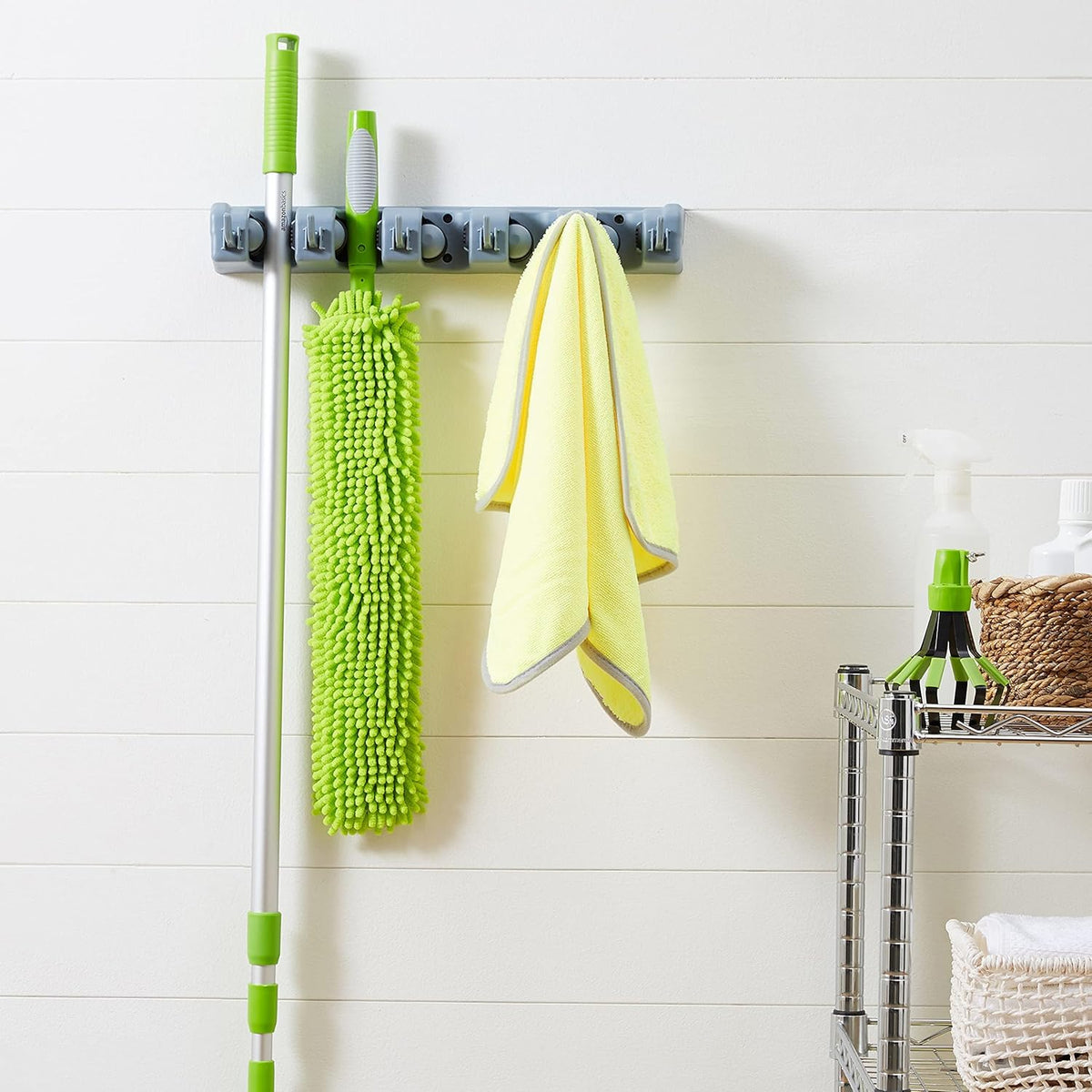 Rectangular Heavy Duty Wall Mount Broom and Mop Holder, Sturdy Tool Organizer with Hooks and Slots for Garage, Garden, Laundry, Kitchen Organization, 2.36 X 16.9 X 3.35 In, Gray