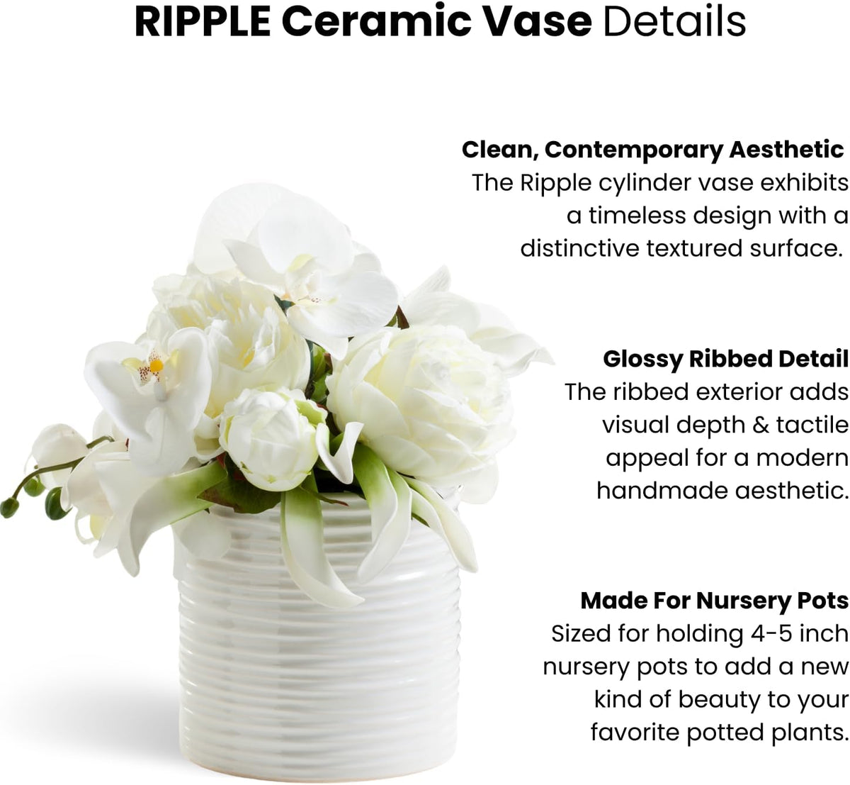 Ripple 6" Plant Pot for Houseplants & Ceramic Planter for 5 Inch Nursery Pots - Handmade round Vase & White Vase for Flowers, White Ceramic Vases for Home Decor Decorative Pot for Plants