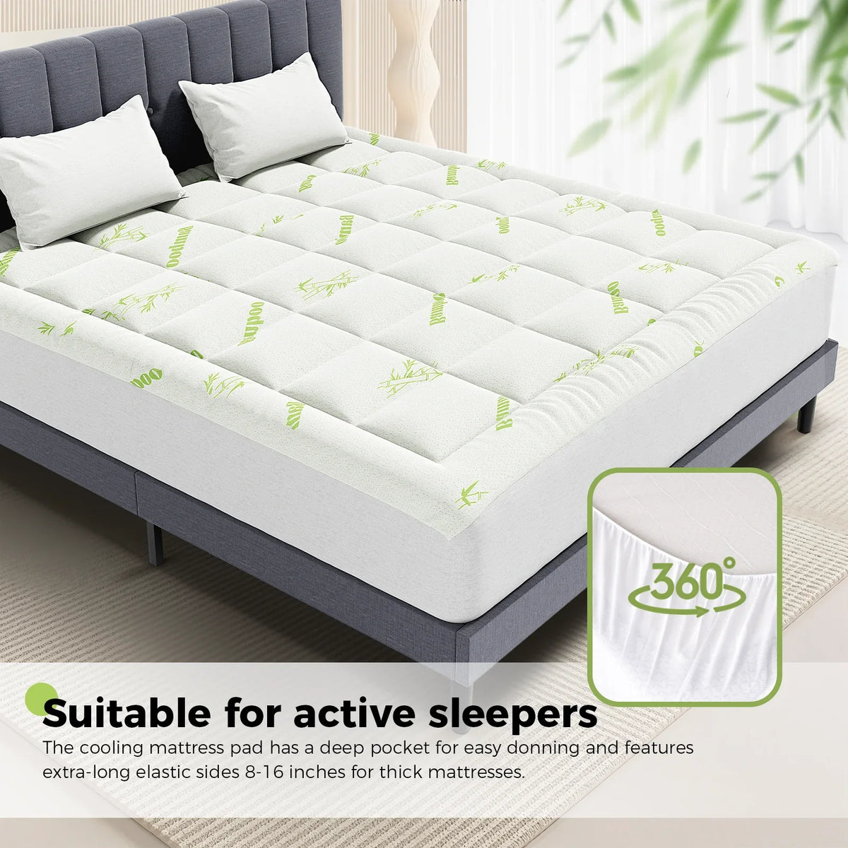JHK Bamboo Fiber Soft Mattress Topper with Deep Pockets 400G Thick Mattress for Back Pain Relief Breathable Cooling Material