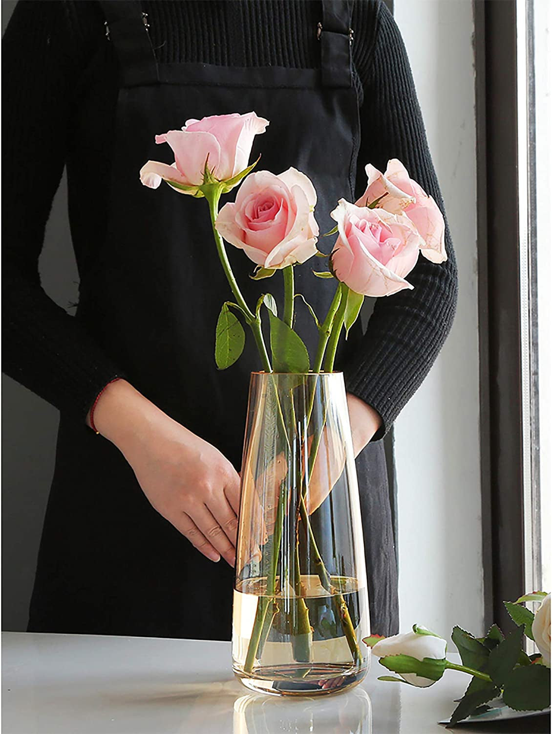 Modern Glass Vase, 8.7''H Decor Flower Vases, Crystal Amber