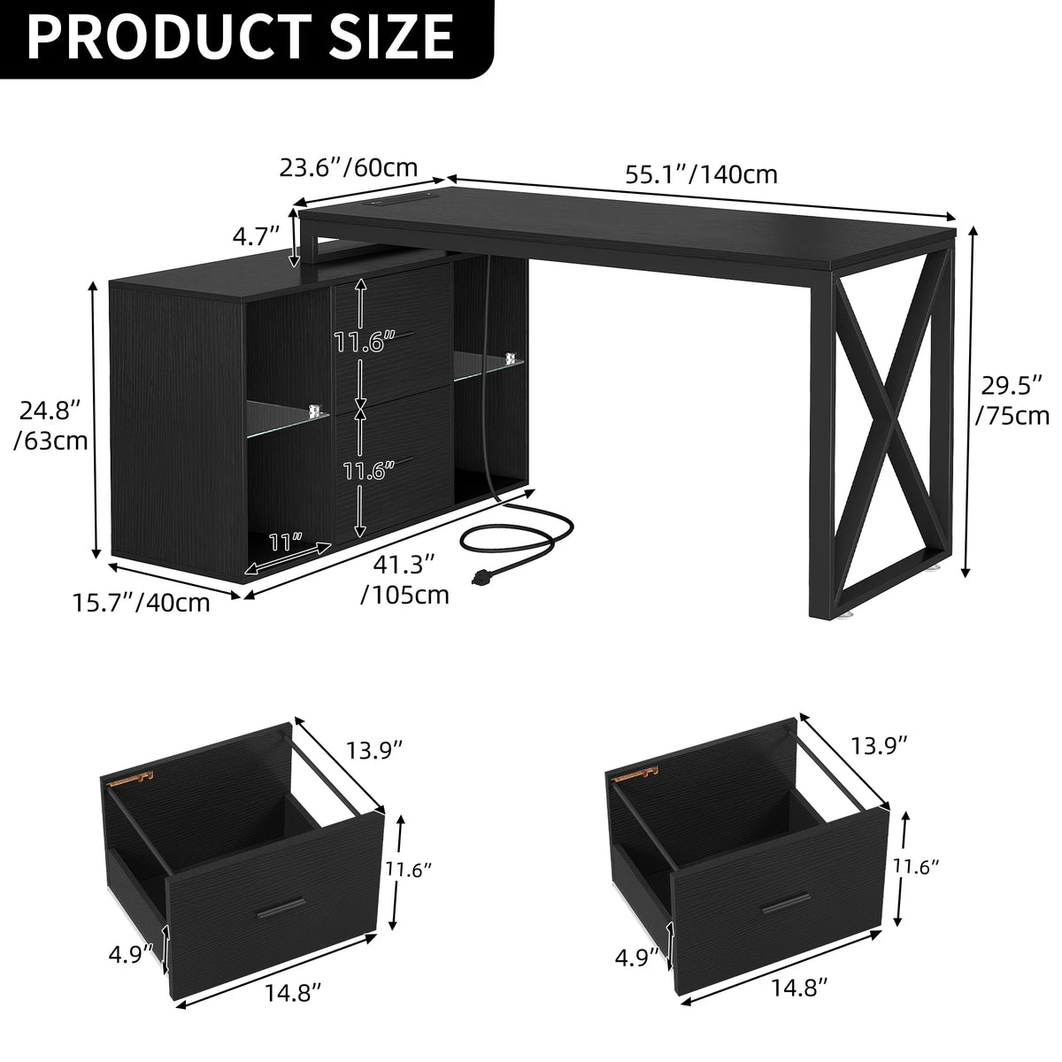L Shaped Desk with LED Light & Power Outlets, 55 Inch Reversible Corner Desk with File Cabinet & Storage Shelves, Computer Desk Office Desk Writing Desk for Home Office, Black