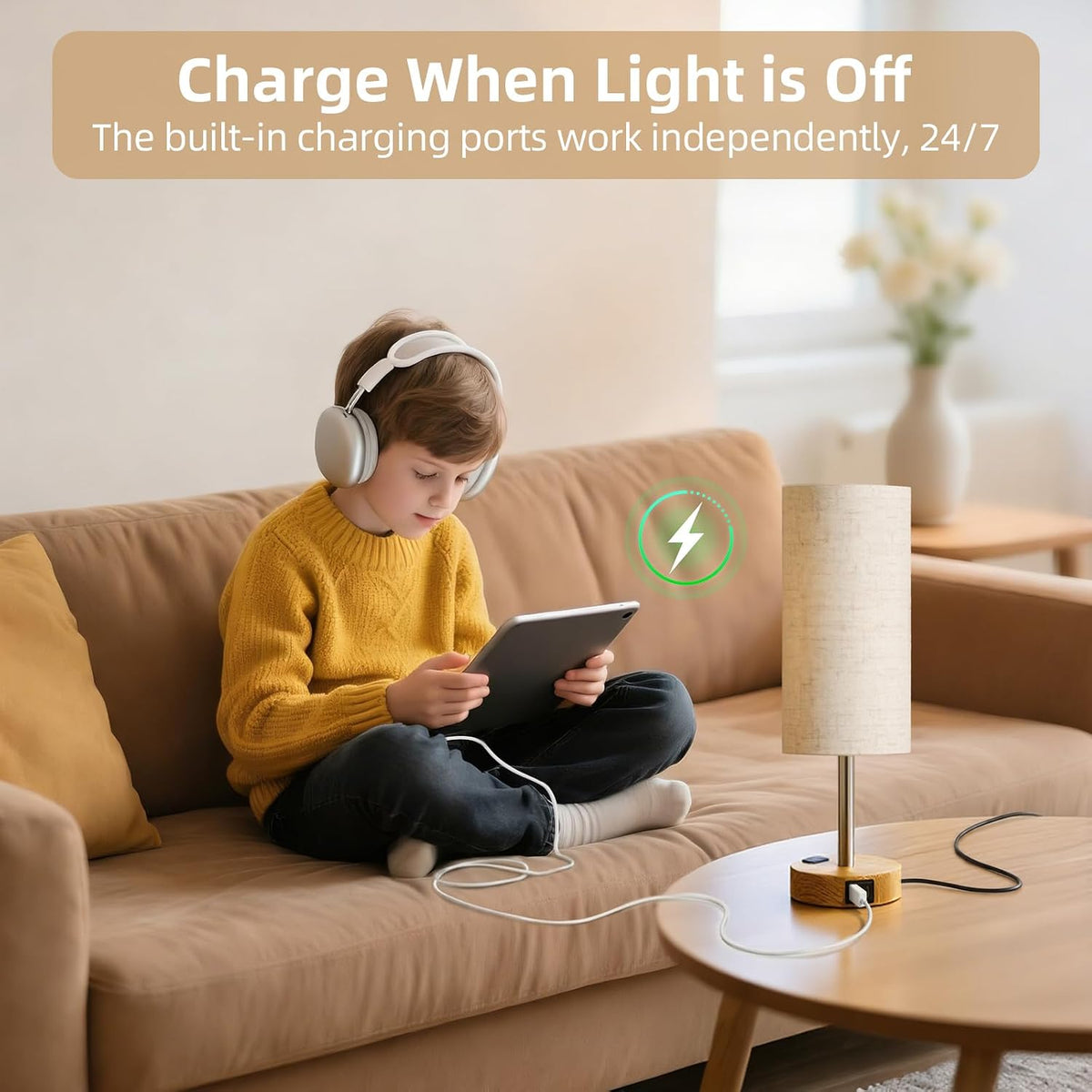 Table Lamp for Bedroom, High-Sensitivity Touch, AC Outlet, USB A+C