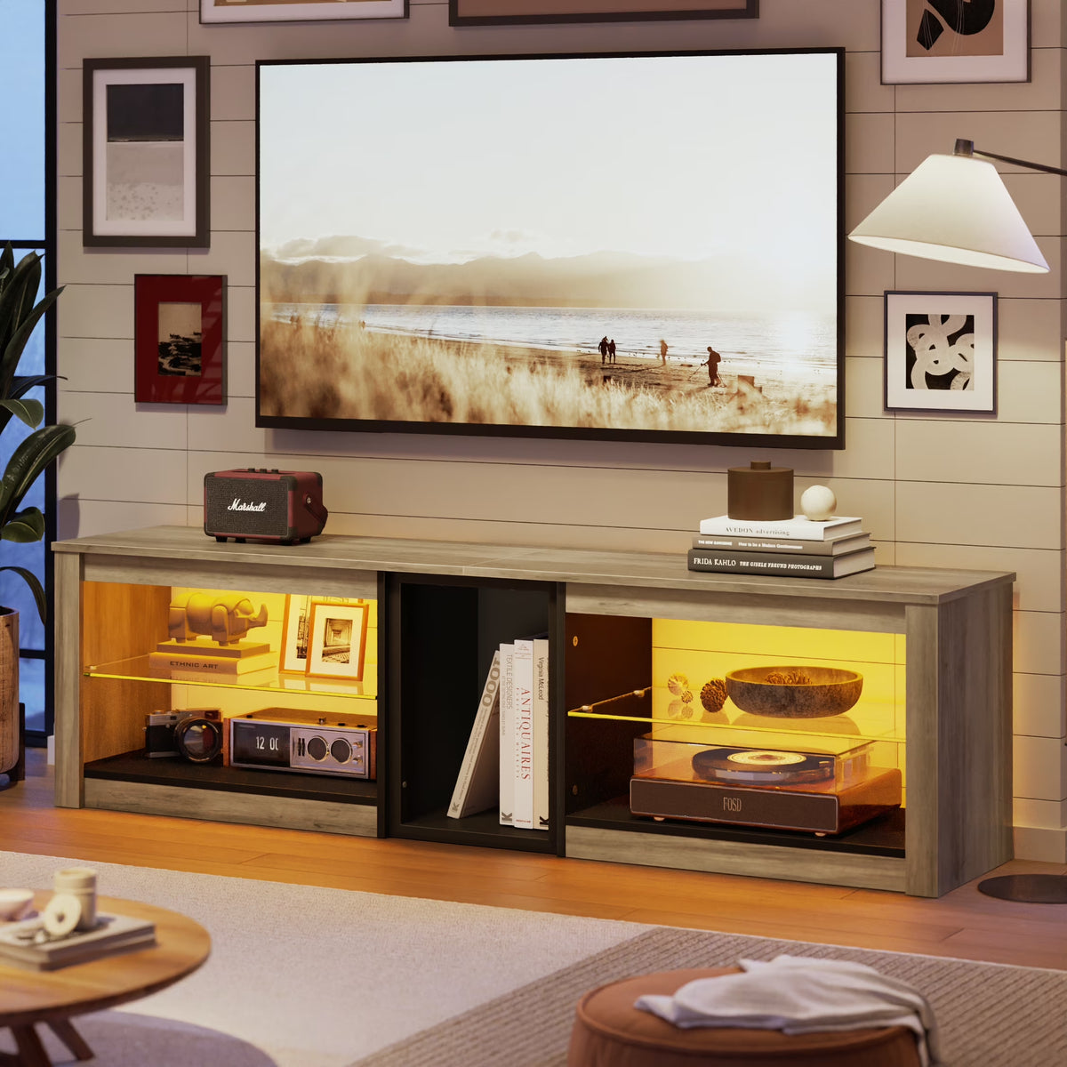 TV Stand for Tvs up to 70" with LED Light, Entertainment Center for PS5 with Shelves, Wash Grey